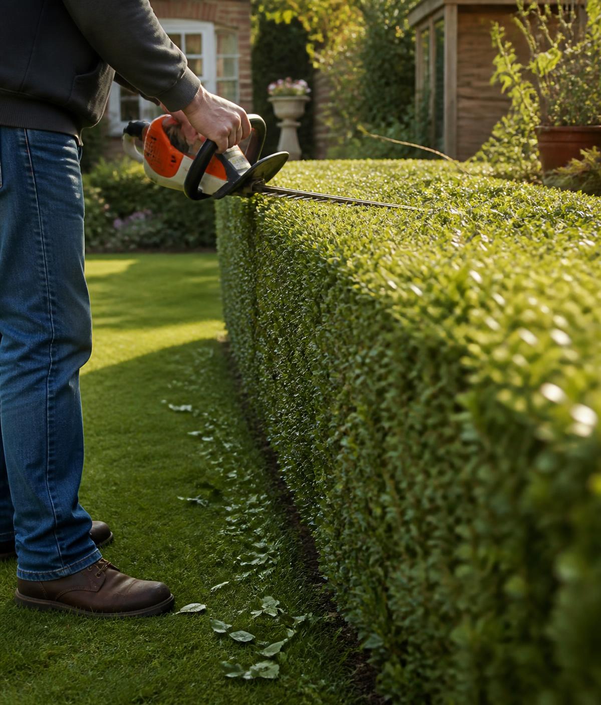 Go Gardens trimming a hedge in a Manchester back garden